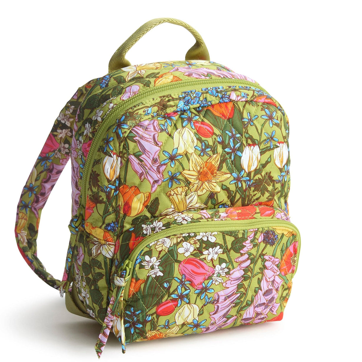 green quilted mini backpack with floral garden pattern