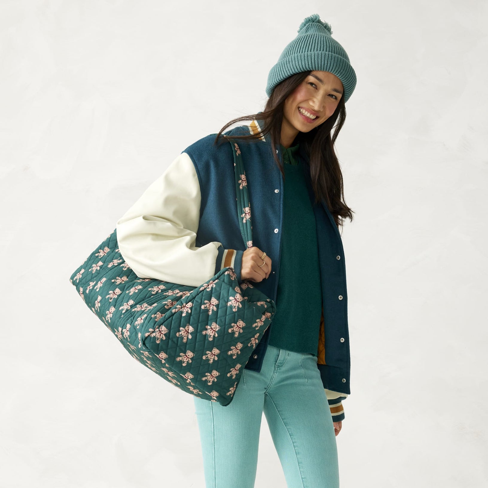 green quilted cotton large duffel bag with teddy bear pattern