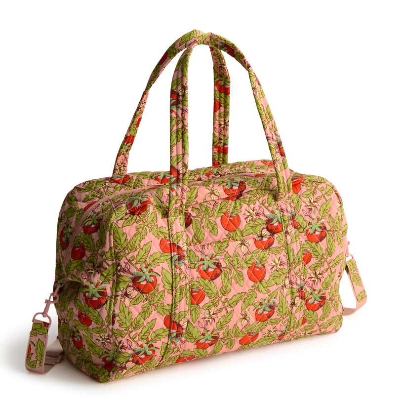 quilted cotton weekender bag with handles and adjustable strap in tomatoes on vine pattern