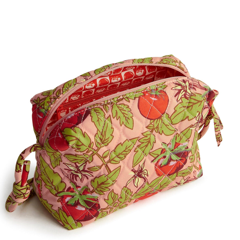 Small pink quilted cotten crossbody back with tomato and vine pattern