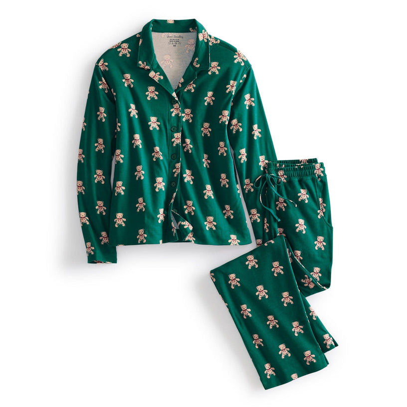 green women's long sleeve pajamas shirt and pants set with teddy bear pattern