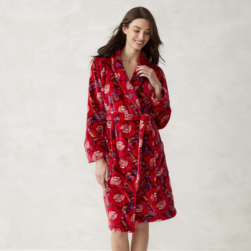 women's red fleece robe with floral pattern