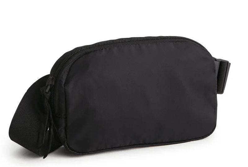 small black nylon belt bag with long strap