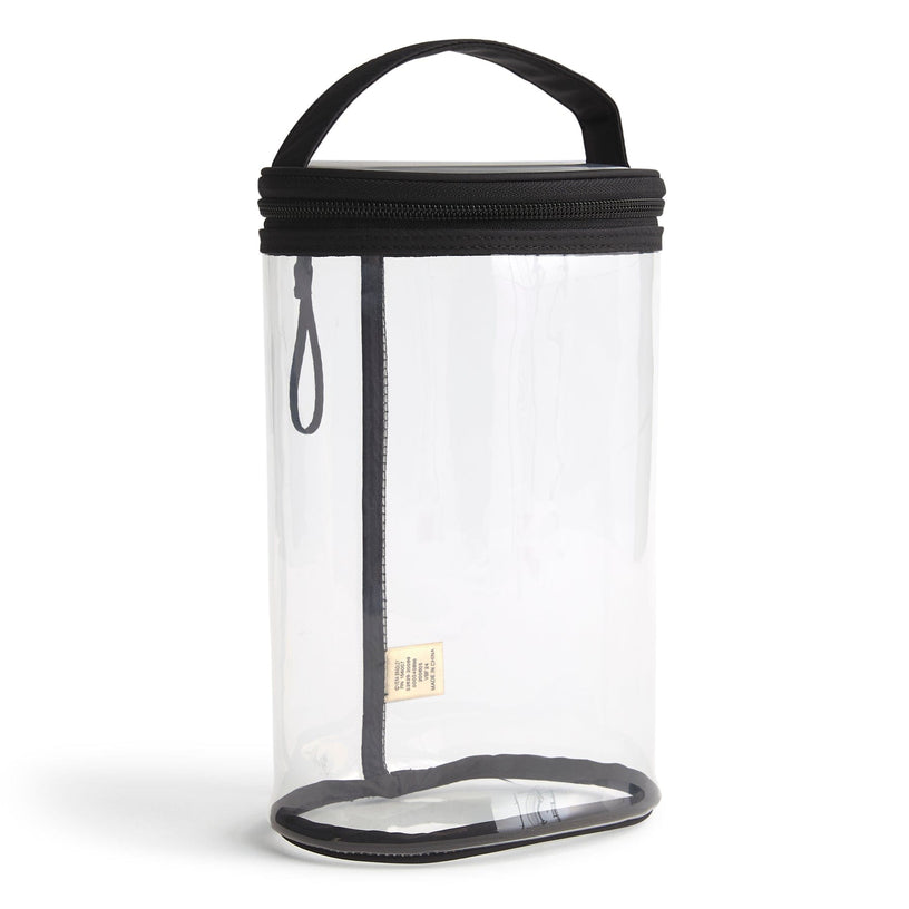 clear cylindrical lotion bag with black trim